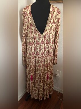Natalie Martin Boho Tassel Cyprus Midi/Maxi Dress in Cream and Pink - Size XL
